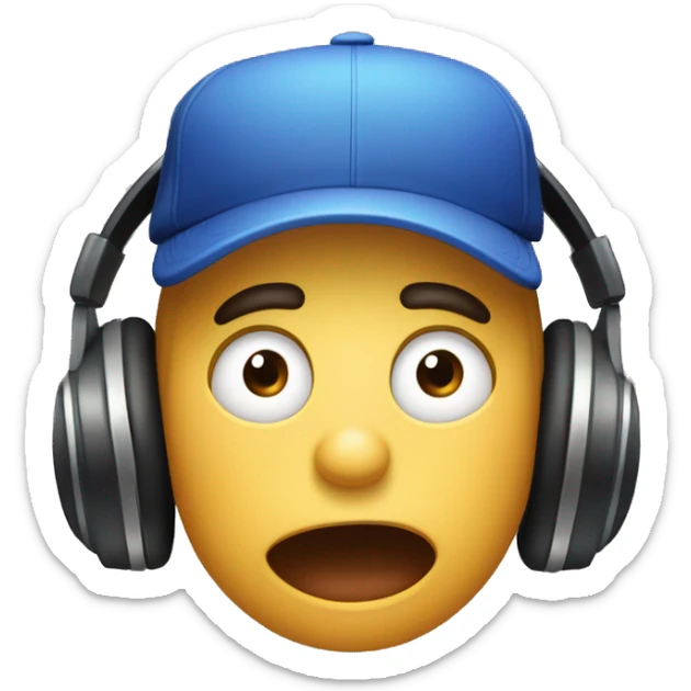 An emoji of a gamer wearing large headphones and a backward baseball cap, with wide-open eyes and a shocked expression. The mouth is slightly open, and the eyebrows are raised in fear. The background is simple and non-distracting. sticker
