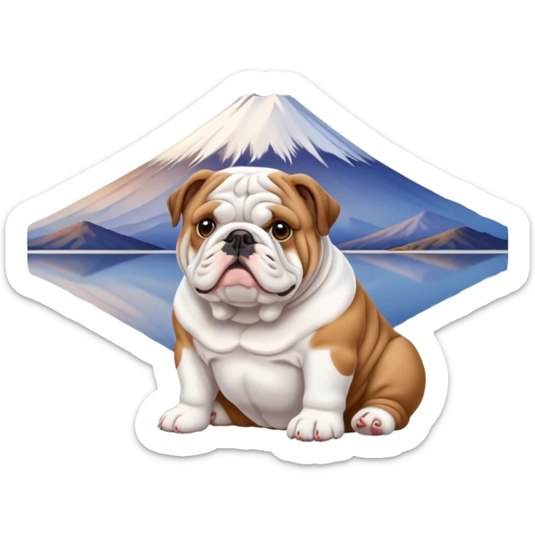 English bulldog sitting and waiting, looking at Mount Fuji sticker