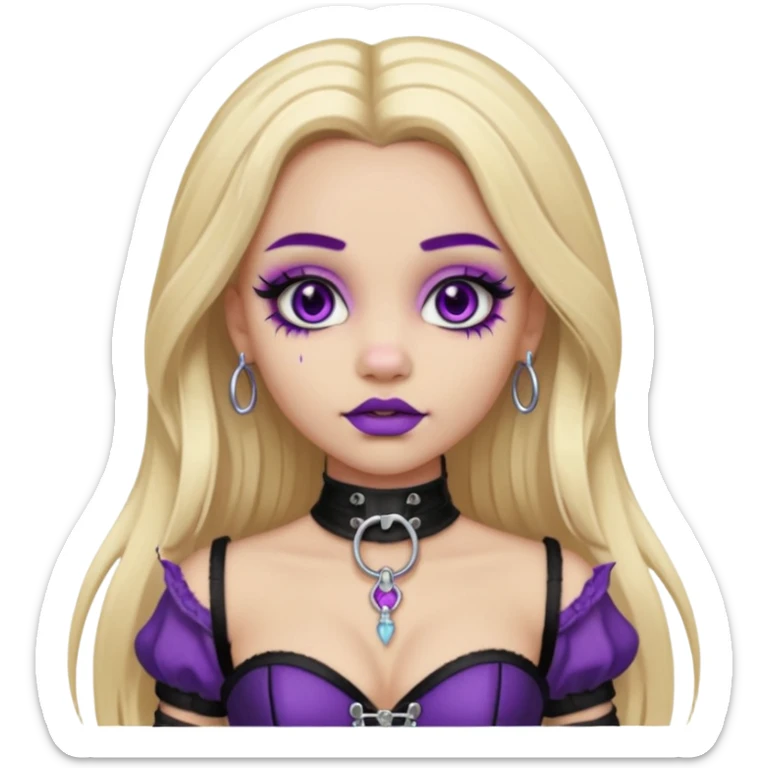 Ai light skin girl , who has straight long length blonde hair with heavy purple streaks , hazel eyes , and doll like makeup , with a septum piercing, in a black corset emoji sticker