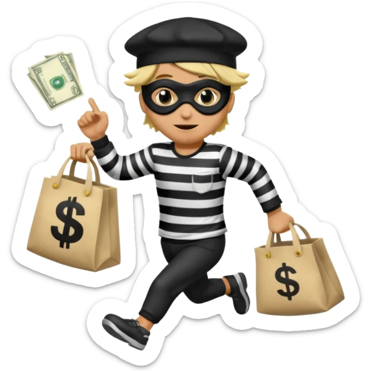 running emoji of a classic burglar, a black eye mask (looks like a blindfold) and a black-and-white striped shirt. emoji-like hair, black hat, ONE bag of money 💰 with a dollar sign in a hand sticker