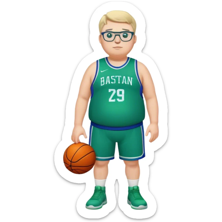 full body chubby tall white male basketball wearing glasses in blue an green uniform sticker