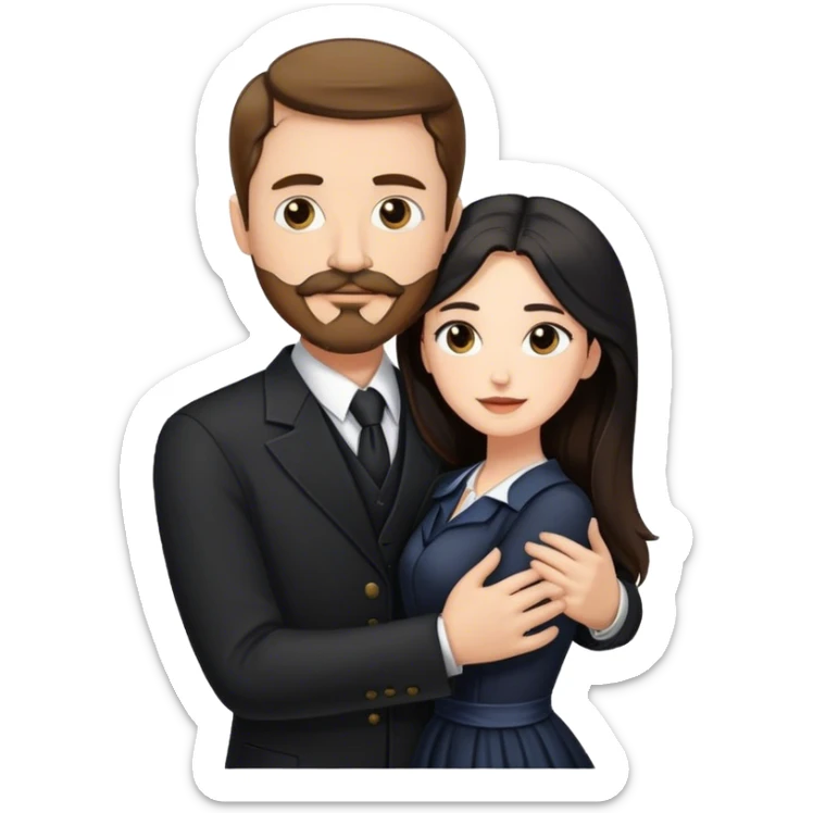 tall white man with brown hair goatee mustache hugging a pale woman with long black hair, wearing formal clothing sticker