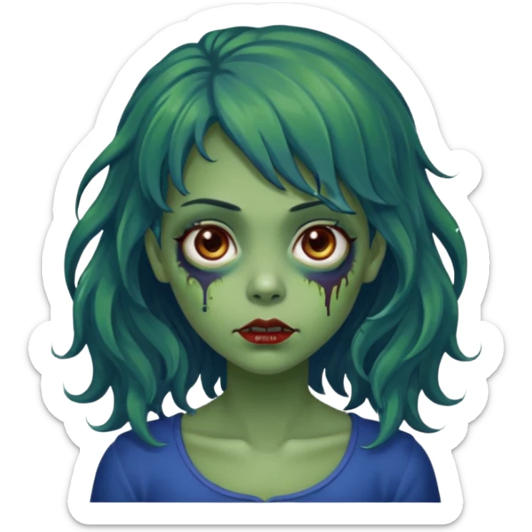 faça uma menina zumbi verde bonita com um cabelo ondulado, olhos castanhos-avermelhados e que metade da franja seja azul escuro e o a outra metade e resto do cabelo sejam castanho escuros sticker