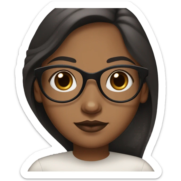brown girl with whiteish brownish skin with black long hair parted from the middle and with dark brown eyes with circle/oval black glasses. Pink lips with a mole on the under the bottom lip on in the right side  sticker