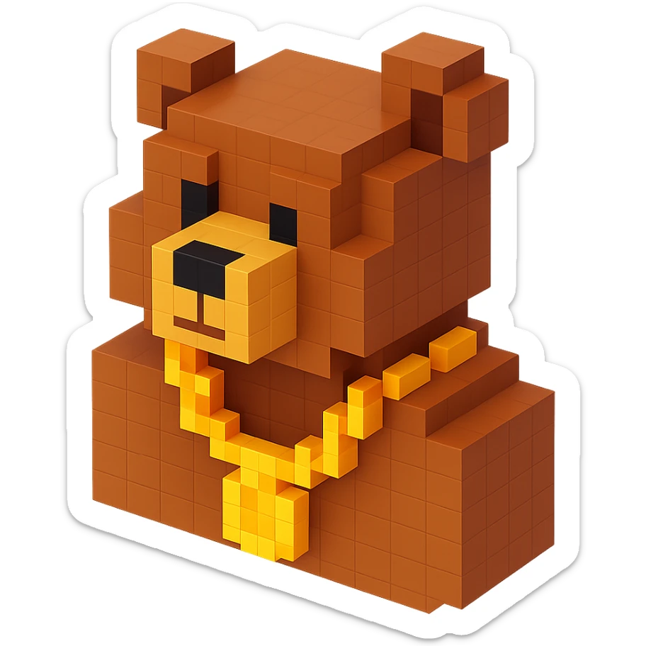 Russian grizzly bear with a rapper chain, wearing a gold chain sticker
