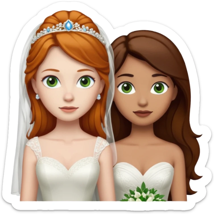 A ginger woman with blue eyes, marrying a taller woman with very dark brown hair and green eyes, both in wedding dresses. sticker