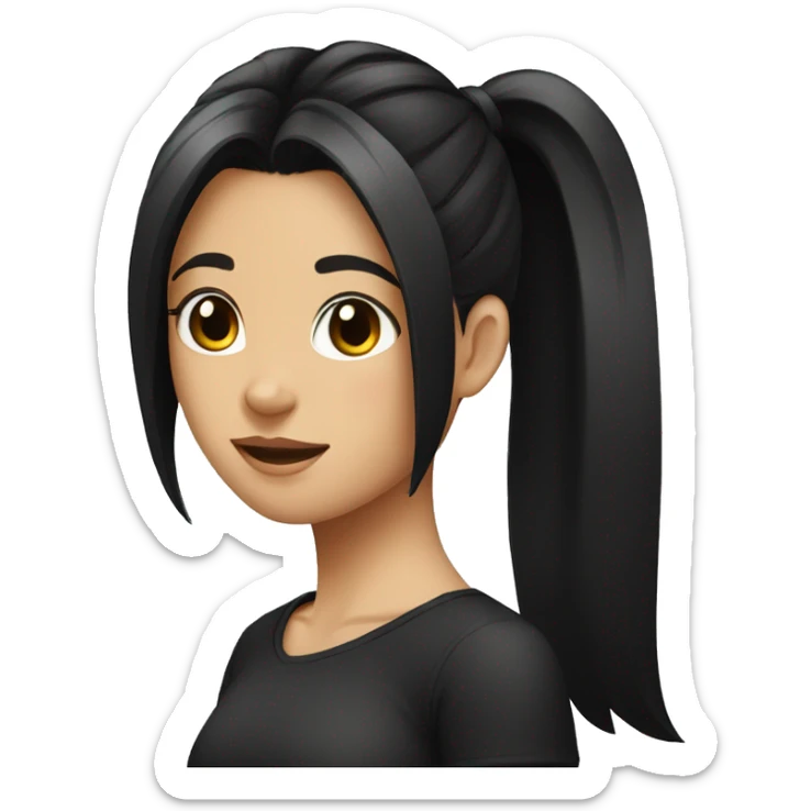 girl with black hair in a ponytail and a black shirt sticker
