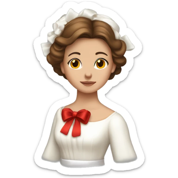 brown haired women with white gown red silk bow belt  only and spur wreath the head with white candles on top of it sticker