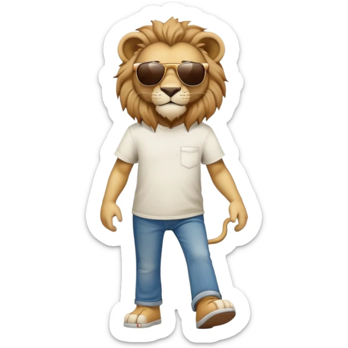 anthropomorphised lion in t-shirt and jeans with sunglasses walking upright, relaxed pose sticker