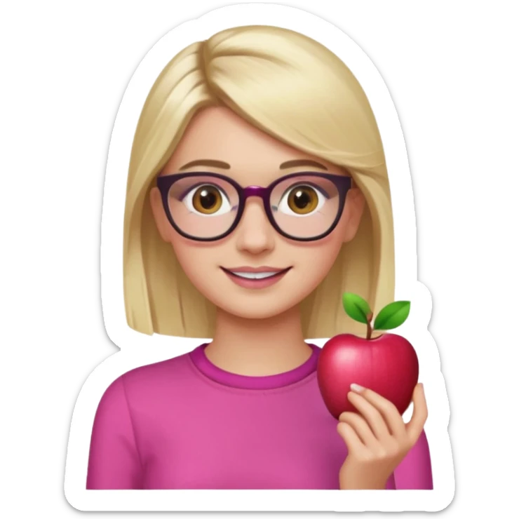 Chanel Oberlin, blonde hair, brown eyes, glasses, acne, dark eyebrows, pink outfit, apple emoji style sticker