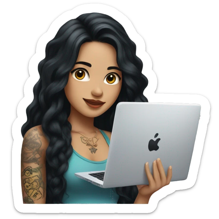 beautiful girl, with arm tattoos, with long black hair, wavy hair, chinese, with laptop sticker