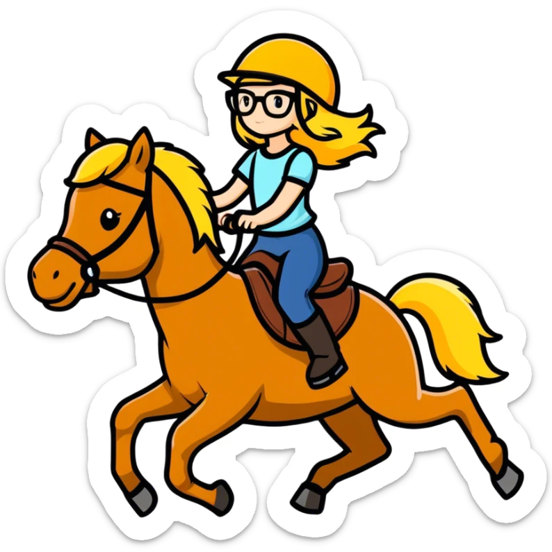 Blonde haired girl riding a dark horse wearing glasses and a helmet sticker