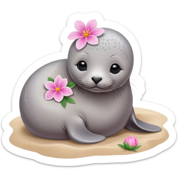 A grey small, slim baby seal resting gracefully on a sandy beach, with a delicate pink flower placed on its head.   sticker