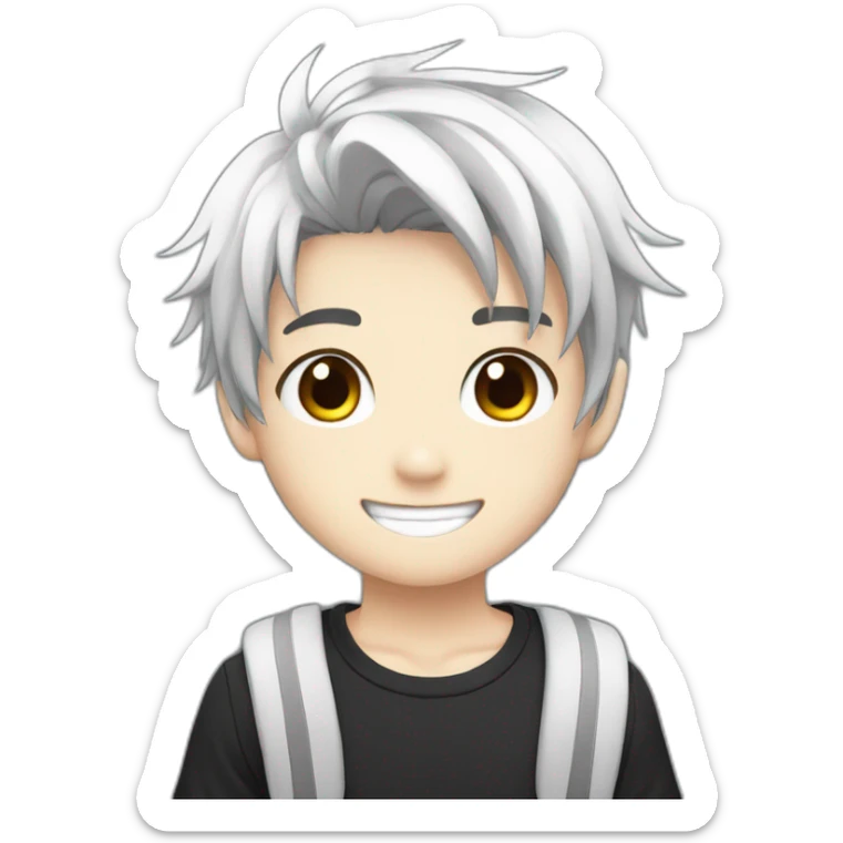 anime boy cartoon smiling with black haircut and black and white t shirt sticker
