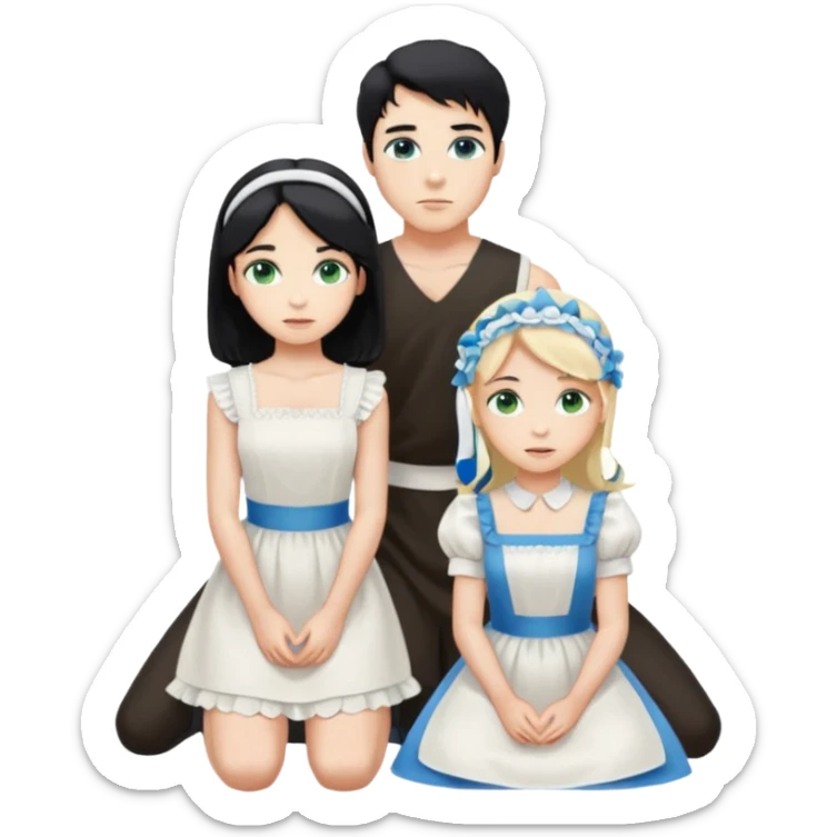 Prince, standing, black hair, blue eyes, and maid, blonde Hair, green eyes, white short sleveless dress, kneeling  sticker
