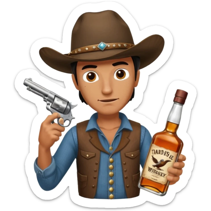 A rough and tumble cowboy with a 6 shooter and a bottle of whiskey. From the view of a bird looking down on the cowboy. Make the graphics dark and gritty in the style of your beeding skull art. sticker