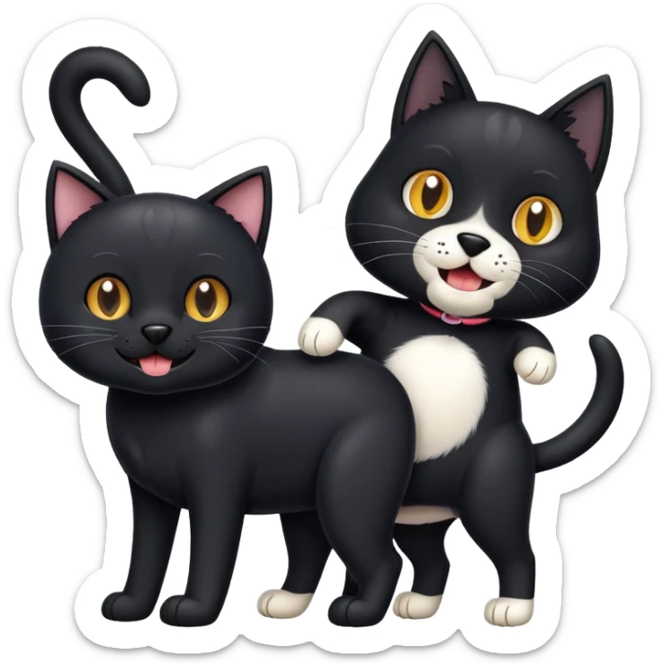 Un chien noir au pattes et ventre blanc qui est avec un ami avec un chat noir qui a lui même une dent qui ressort  sticker