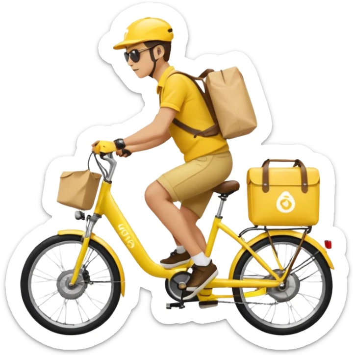 A courier on a yellow electric bike, wearing yellow and black clothes rides from left to right. On his back is a yellow food delivery bag. sticker