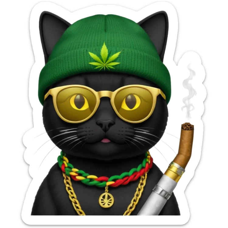 A black cat wearing the deal with it shades and a rasta beanie and smoking a joint and wearing a gold chain that says 420 and the words High Time at the top of the image sticker