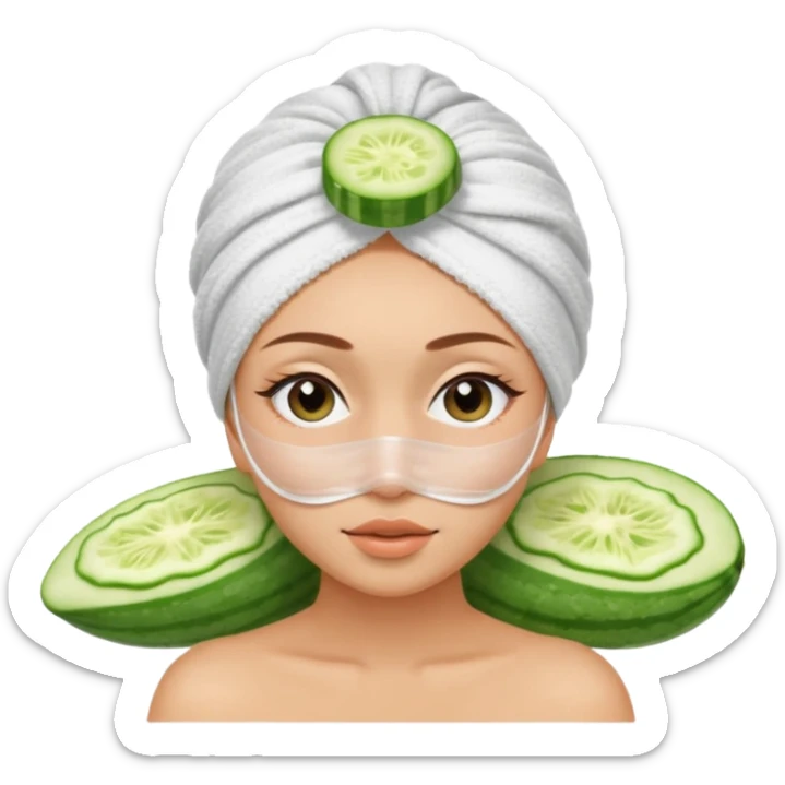 girl with her hair in a towel turban and a faks mask on and cucumber slices over her eyes at a spa sticker