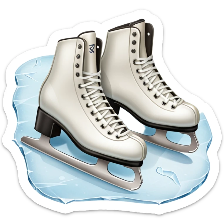 An icon showing a pair of elegant figure skates resting on scratched and scuffed ice, with visible marks from previous skaters. The background hints at an icy rink, with textured ice and soft lighting adding depth. Transparent background emphasizes the beauty of skating. sticker