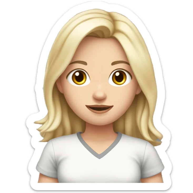 Blonde girl with medium hair length and dark brown eyes white skin wearing a grey shirt with cat pattern pants and medium height  sticker