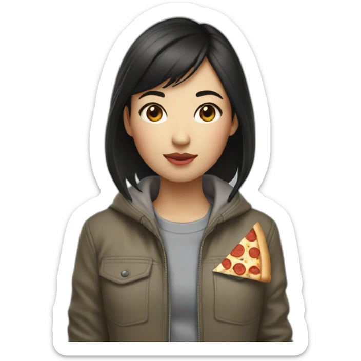 a girl of Asian appearance with short dark hair with a jacket that says: London street, eating pizza  sticker