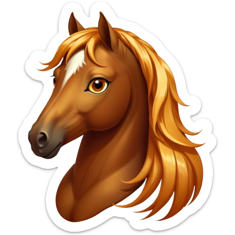 Cinematic Elegant Bay Horse Portrait Emoji, Head held high with a serene, majestic gaze, showcasing a magnificent bay fur with a rich, lustrous sheen, a flowing mane and tail, and radiant amber eyes that exude beauty and grace, Simplified yet majestically refined features, highly detailed, glowing with a soft, ethereal light, high shine, poised and breathtaking, stylized with an air of pure elegance, capturing the essence of a stunning and graceful steed, so beautiful it feels like it could gallop out of the screen with effortless charm! sticker