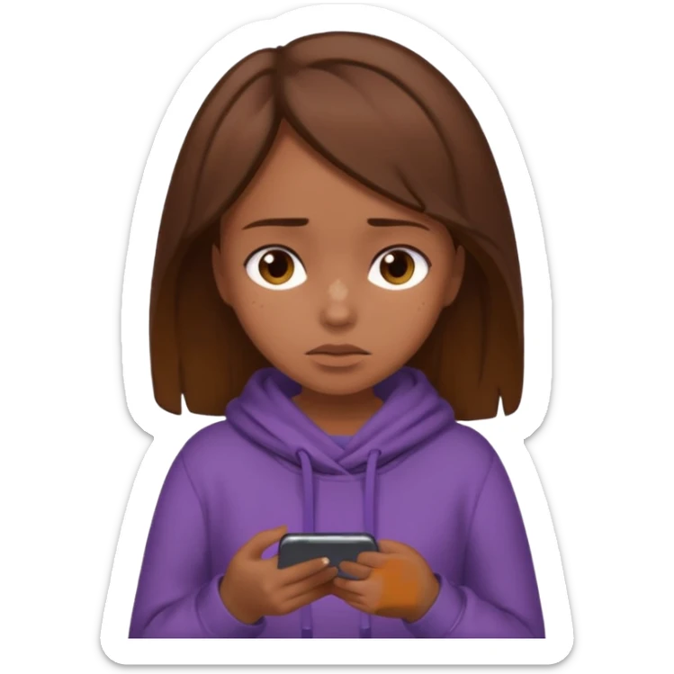 A girl with bronz skin and brown hair wearing cozy clothes and looking so tired because lack of sleep and she is holding her phone sticker