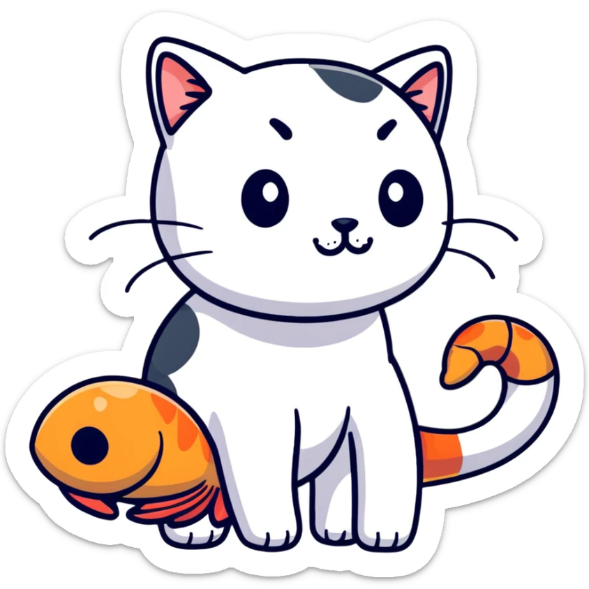 A cute hybrid creature with a shrimp body and tail but a cat's head with whiskers and ears sticker