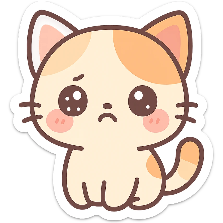 kawaii chibi-style cat emoji with pastel orange and brown cream fur, anime-style pouty expression, sparkly eyes, blushing cheeks, pastel color palette, soft rounded design, vector art sticker