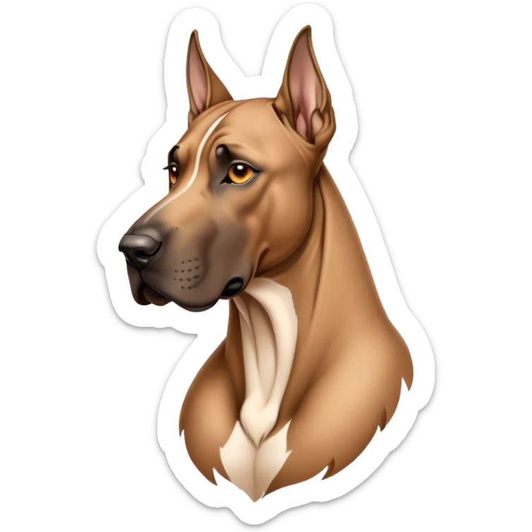 Cinematic Noble Fawn Great Dane Portrait Emoji, Poised and regal, with a towering, muscular build and a sleek, well-groomed solid fawn coat accented by subtle dark markings, deep-set soulful amber eyes, Simplified yet sharp and sophisticated features, highly detailed, glowing with a soft, dignified glow, high shine, intelligent and gentle, stylized with an air of majesty, focused and attentive, soft glowing outline, capturing the essence of a watchful and confident guardian, so majestic it feels as though it could stride out of the screen with effortless authority! sticker