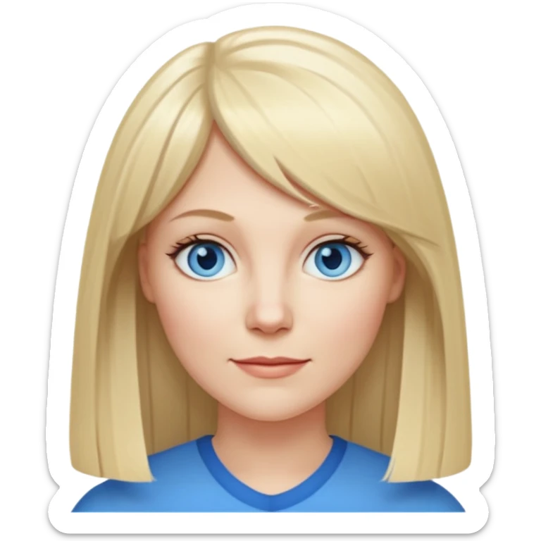40 yr old white woman, pale skin, long straight blond hair parted in center, blue eyes, bangs sticker
