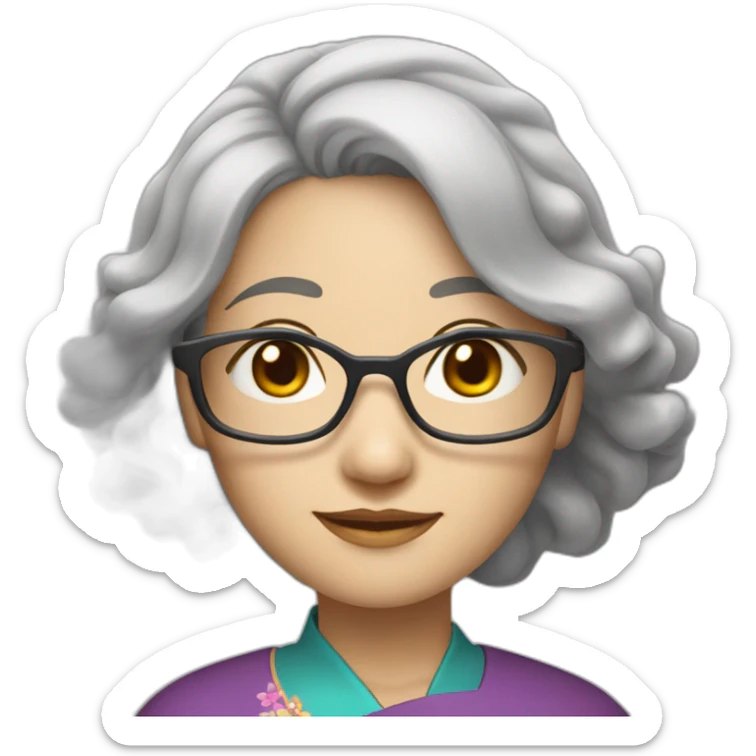 Chinese lady with lightly wavy grey hair to the shoulder lens wear glasses with Chinese dress sticker