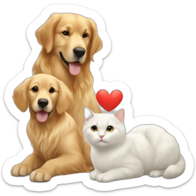 A Golden retriever, a white cat, and a dark gray cat in a red heart sticker