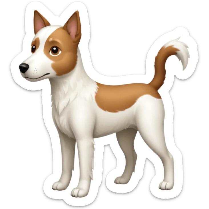 a full body large white parson russell looking dog the size of a kelpie with light brown flapped down ears and a light brown patch on one eye and a large snout sticker
