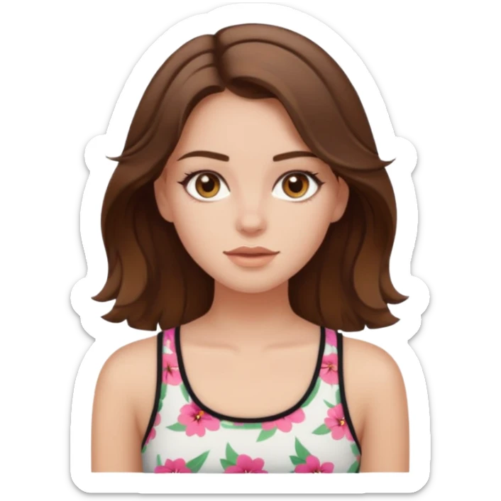 emoji of a girl with brown hair, straight and wavy, hazel eyes, wearing a baddie summer top, pale skin sticker