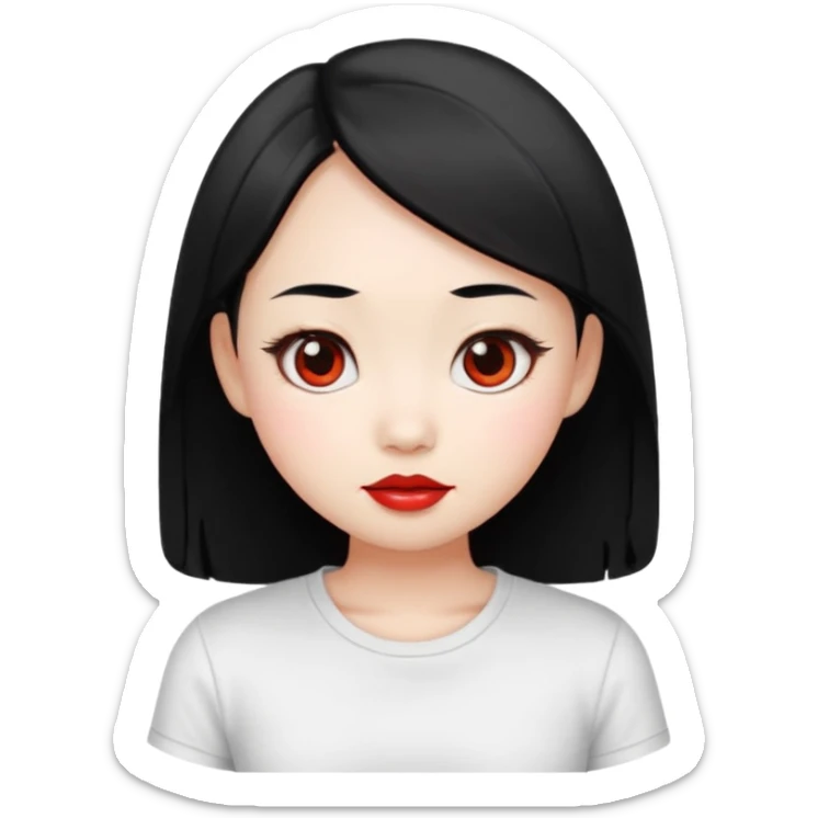 cute young Chinese woman, black hair, white skin, oval face, big eyes, red lips, emoji style sticker