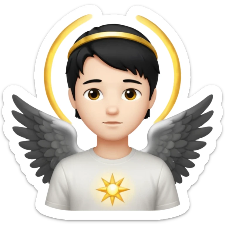 angelic boy with black hair, white t-shirt, glowing halo sticker