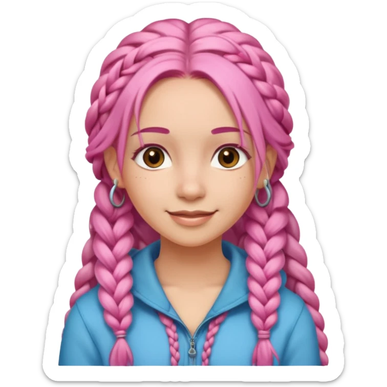 A light-skinned woman with long pink hair styled in braids, brown eyes, and a gentle smile. sticker