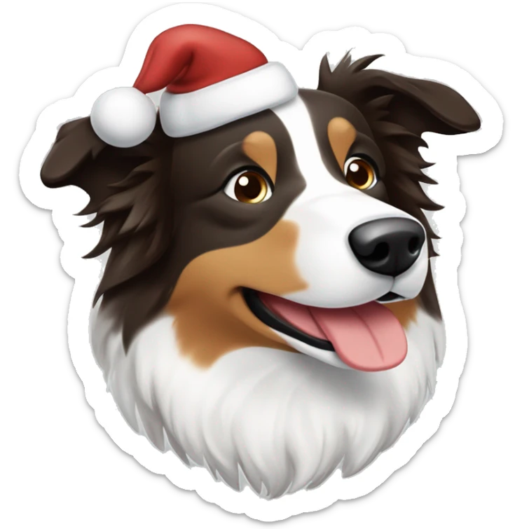 Bordercollie mit braunen und grauen stellen im weißen Gesicht. Spitze Ohren Ohren weis gesicht unterer Teil braun grau. Hat weihnachtsmütze auf  sticker