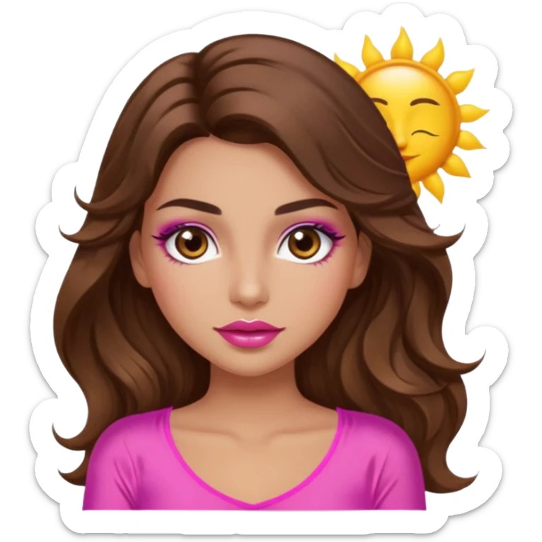 girl with long wavy brown hair, brown eyes, long lashes makeup, sexy pink lips, light to medium complexion, wearing a pink sexy silk top, with the sun icon  sticker