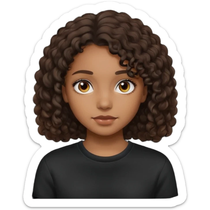 girl with brown skin, dark curly brown hair shoulder length and plain black crewneck t-shirt sticker