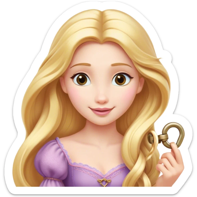 Cinematic Elegant Rapunzel Portrait Emoji, Twirling a lock of her golden hair, dreamy expression, soft pink lips curving into a gentle smile, delicate yet mesmerizing, a princess with a heart full of adventure and beauty! sticker