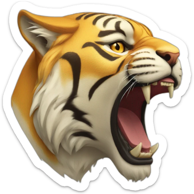 the head of a golden tiger, in profile to the right side, an aggressive growl with flattened ears sticker