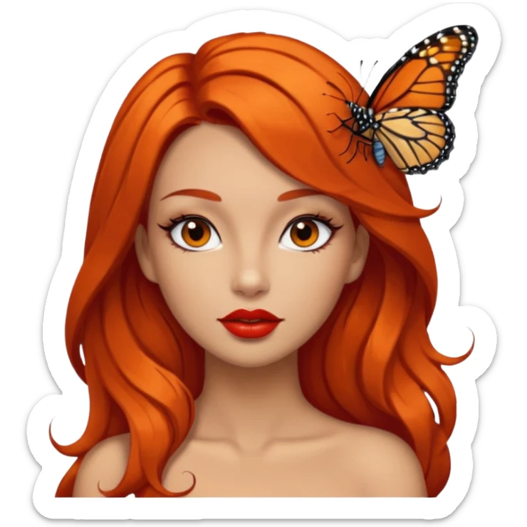 A siren with dark orange hair, red lips, dark brown eyes, nice eyelashes and a Monarch butterfly on her shoulder sticker