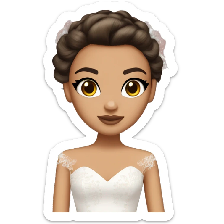 Bratz, bride, brunette half up half down hair, olive skin, brown almond cat eyes sticker