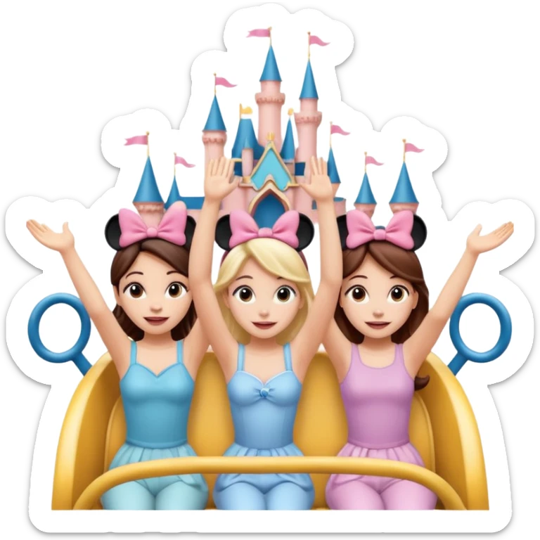 4 chicas montadas en una atraccion de levantando la mano con orejas de Disney puestas en una atracción sticker