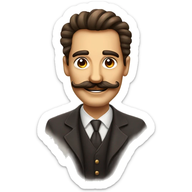 Hombre feliz pelo con moño, barba y bigote estilo dali, ojos marrones  sticker