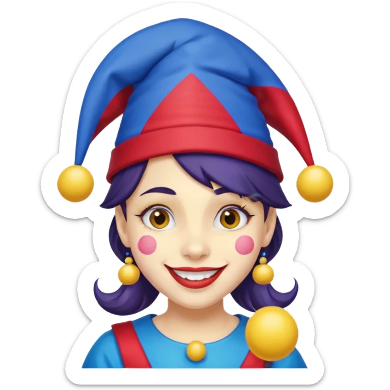Girl with red and blue jester hat with yellow balls on the ends of the jester hat smiling with rosy cheeks and dark hair sticker